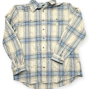CARHARTT Men’s Tan Gray Blue Plaid Long Sleeve Button Front Work Shirt Loose Fit